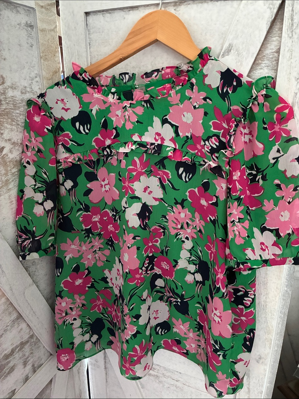 J. Crew Green Floral Ruffle Yoke Blouse with Pink & White Flowers